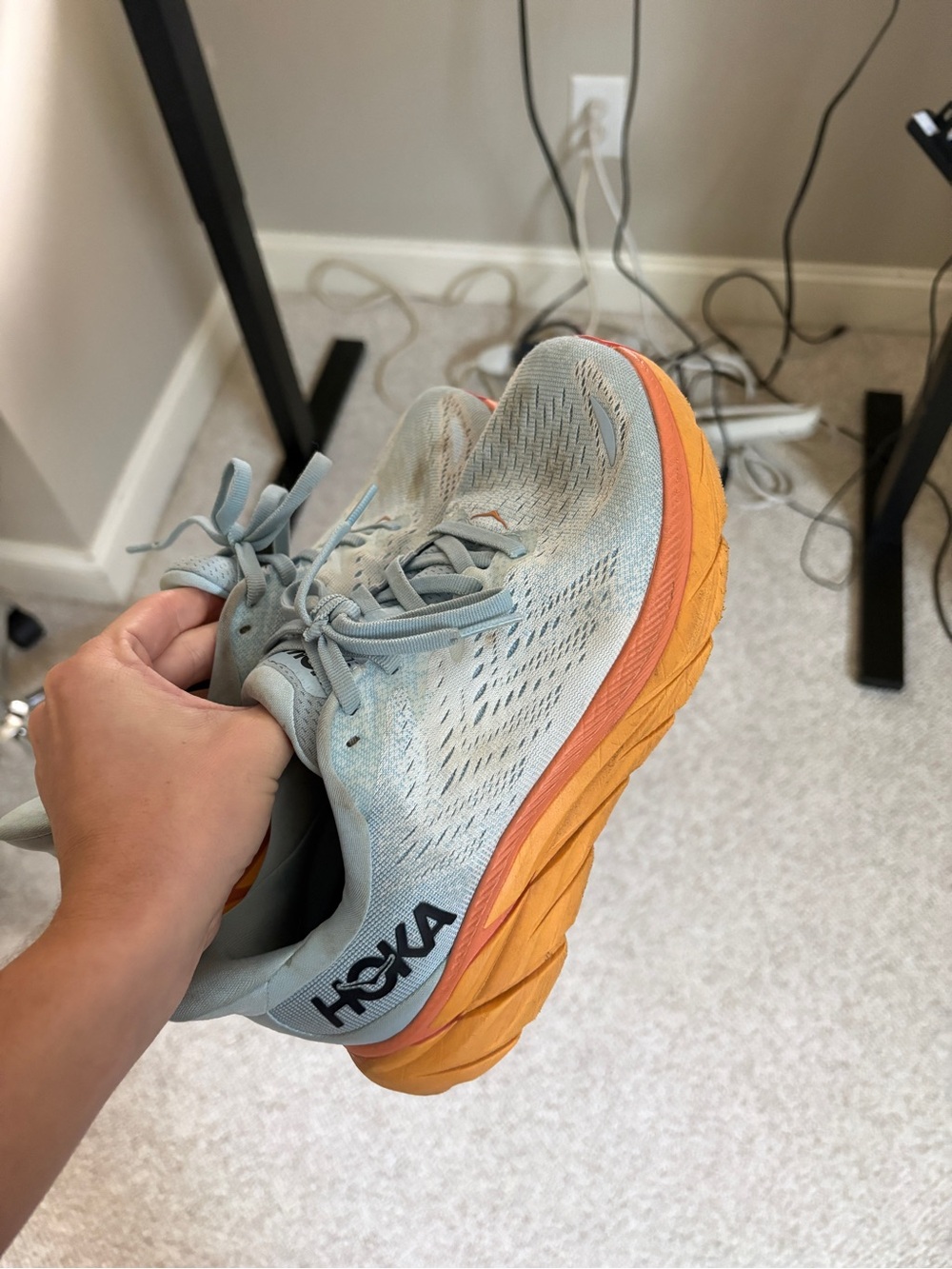 Hoka Women's Clifton 8 Blue Running Shoes with Orange and Yellow Sole